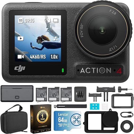 DJI Osmo Action 4 Adventure Combo - 4K Waterproof Action Camera with Battery Case Bundle with Lexar 64GB Memory Card, Protective Case, Carrying Case and 1 YR CPS Enhanced Protection Pack