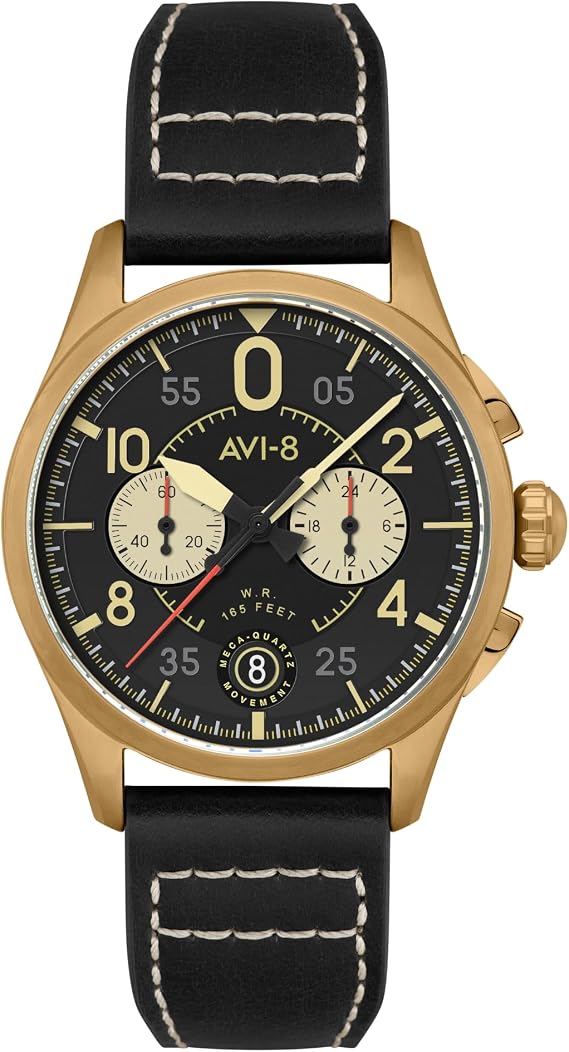 AVI-8 Men's 42mm Spitfire Lock Chronograph Void Black Watch with Leather Strap AV-4089-07, Void Black, Modern