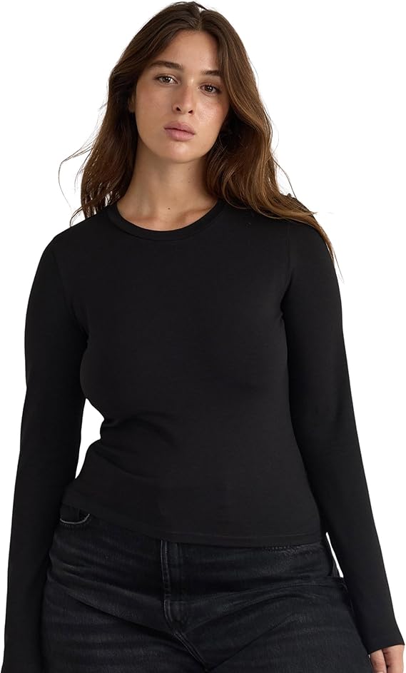 Organic Basics Women's Everyday Regular Long Sleeve Cotton Crew Neck Tee Shirt