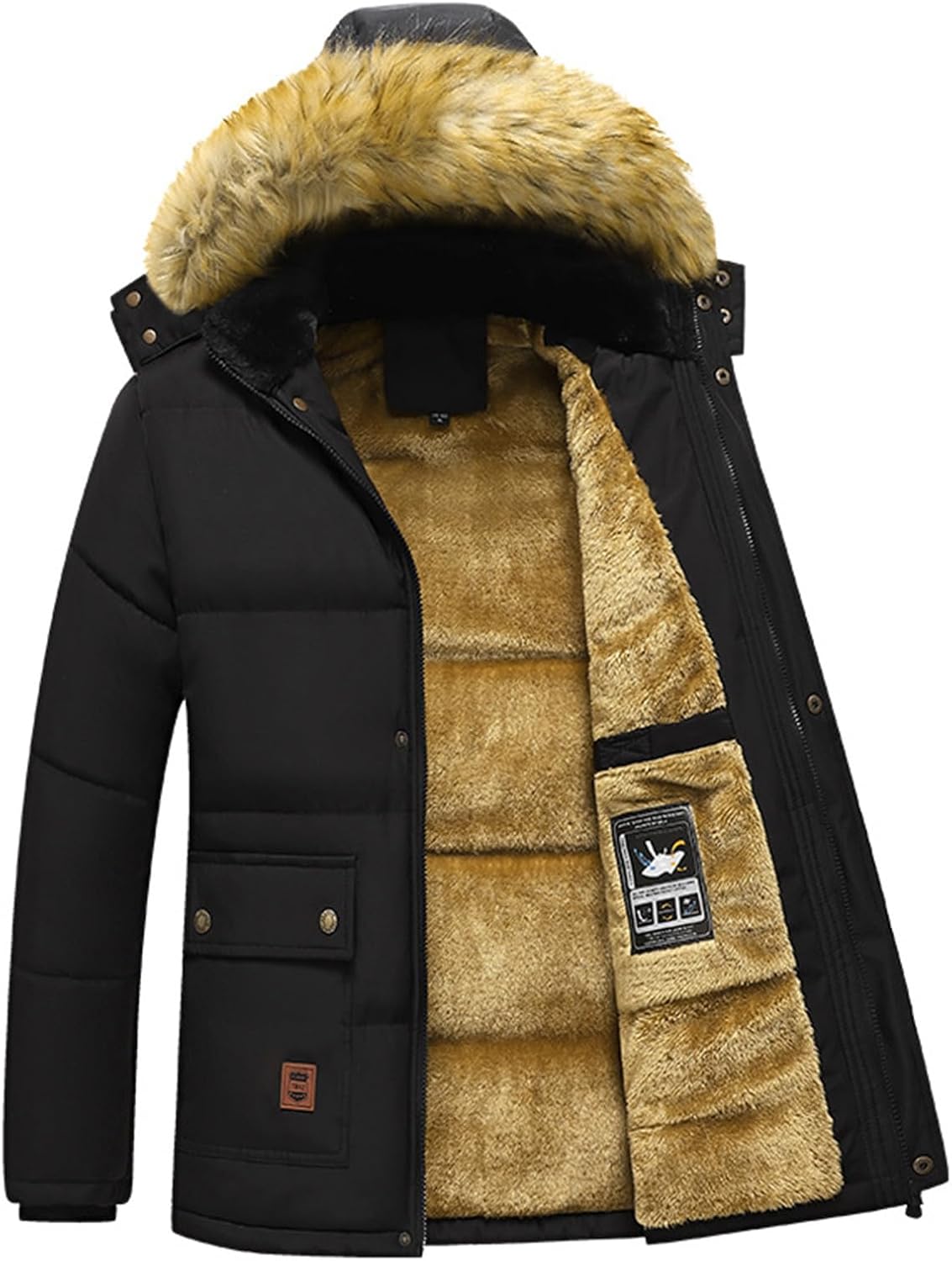 ANUFER Men's Thermal Winter Parka Jacket Thick Fluff Lining Cotton Padded Coat with Detachable Fur Hood