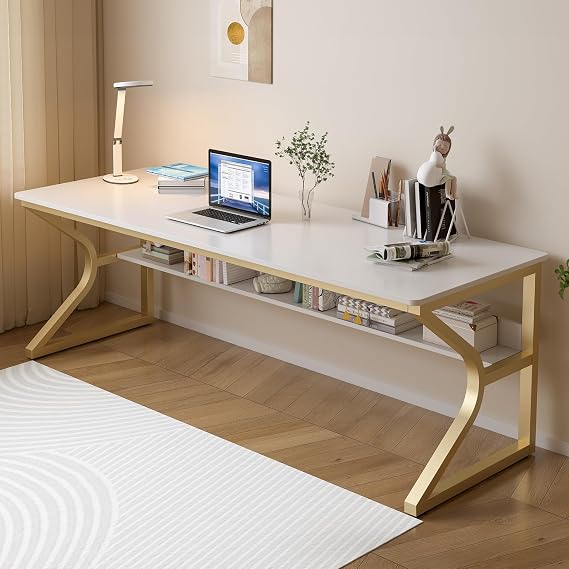 OSCHF Double Long Desk with Shelf - 180 cm PC Table for 2 People Modern Computer Desk Office Table for Home and Office Gold
