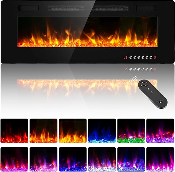 50" Ultra Thin Electric Fireplace, Wall Mounted & Freestanding, LED Fireplace Insert, Wall Fireplace for Living Room/Bedroom w/Touch Screen, Remote Control, 750W/1500W, Quiet, 8H Timer