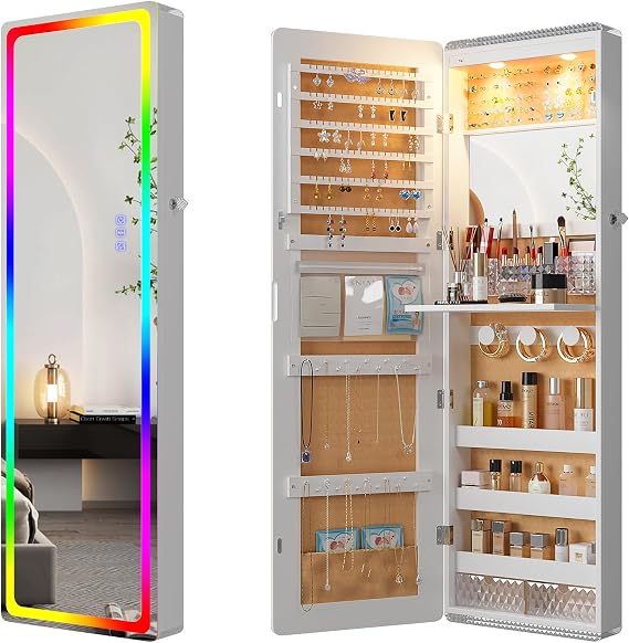 HNEBC Over the Door Jewelry Organizer with LED RGB Lights, 47.2" Full Length Mirror with Storage, Wall Mounted Jewelry Armoire, Hanging Mirror with 2 Drawers,Lokable,3 Shelves-White