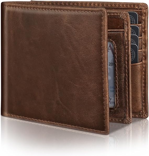 Serovi Mens Genuine Leather Bifold RFID Blocking Wallet with 14 Card Slots, ID Window & 2 Cash Pocket - Includes Gift Box