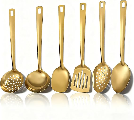 Gold Kitchen Utensils Set 6pcs, Cooking Utensils Set, Stainless Steel Kitchen Utensils, Gold Utensil Set, Cooking Turners Set Include Wok Ladle, Slotted Spoon, Soup Ladle