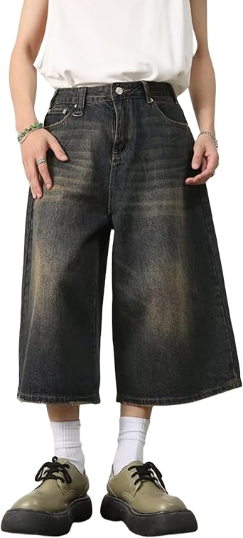 FCOOLYEET Men's Denim Shorts Y2k Baggy Star Jorts Jeans Loose Fit Patchwork Jeans Shorts Y2k Streetwear