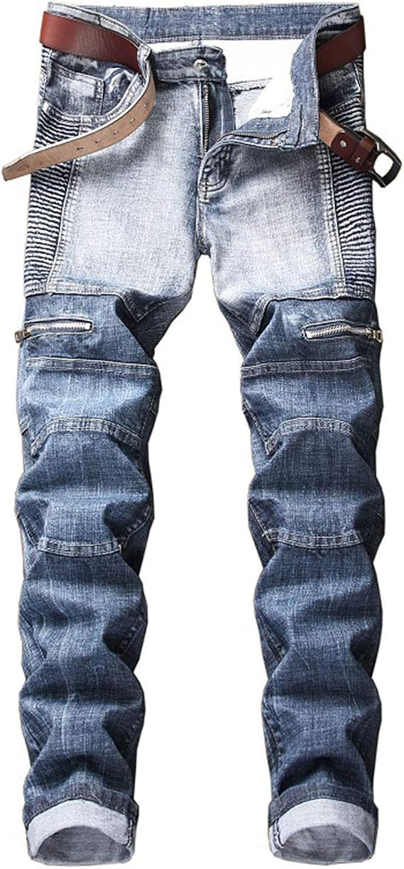 Men's Streetwear Pleated Ripped Stretch Biker Jeans Denim Pants