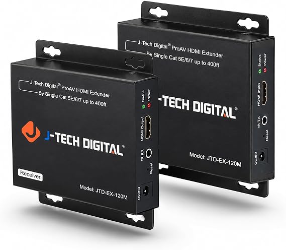 J-Tech Digital HDMI Extender Over Single Cat5e/6/7 Cable Full HD 1080p with TCP/IP, IR Up To 400ft [JTD-EX-120M] black