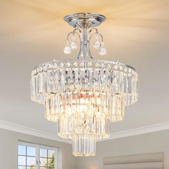 Crystal Silver Chandelier Antique Modern Semi Flush Mount Ceiling Light Fixture Ceiling Lamp for Dining Room Kitchen Bedroom Living Room Hallway E14x4 -Lights D39cm x H50cm [Energy Class F]