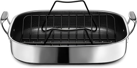 HexClad Hybrid 17 x 14 Inch Rectangular Nonstick Roasting Pan with Rack