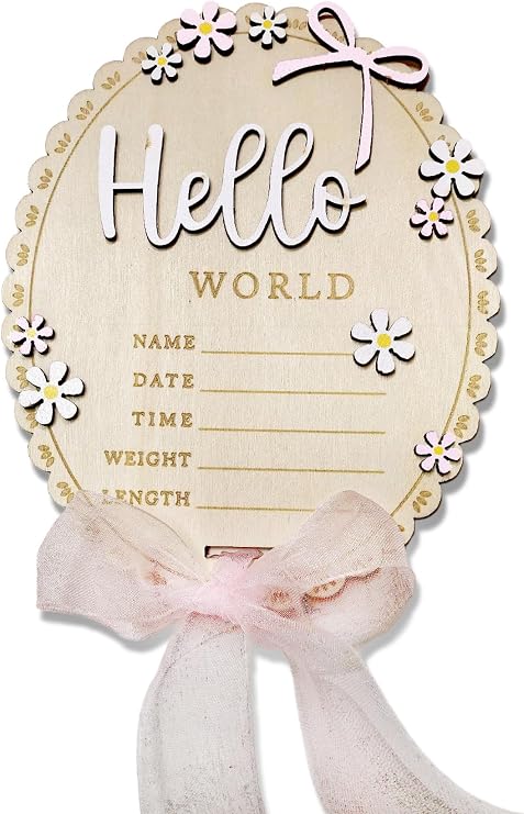 Baby Announcement Sign 5.9 Inch Wooden Hello World Newborn Engraved Sign with Pad Ribbon Bow for for Newborn Photoshoot, Baby Shower, Rustic Keepsake Birth Stat Sign for Hospital Birth Announcement (Butterfly Style)