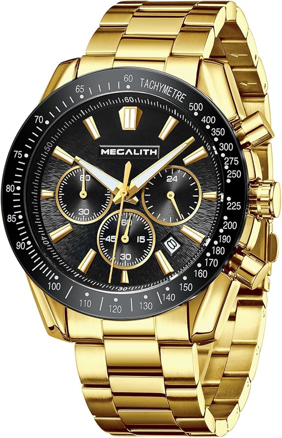 MEGALITH Men's Stainless Steel Watch Large Watches Men's Chronograph Analogue Quartz Men's Watch Dress Waterproof 3ATM with Calendar Business Casual
