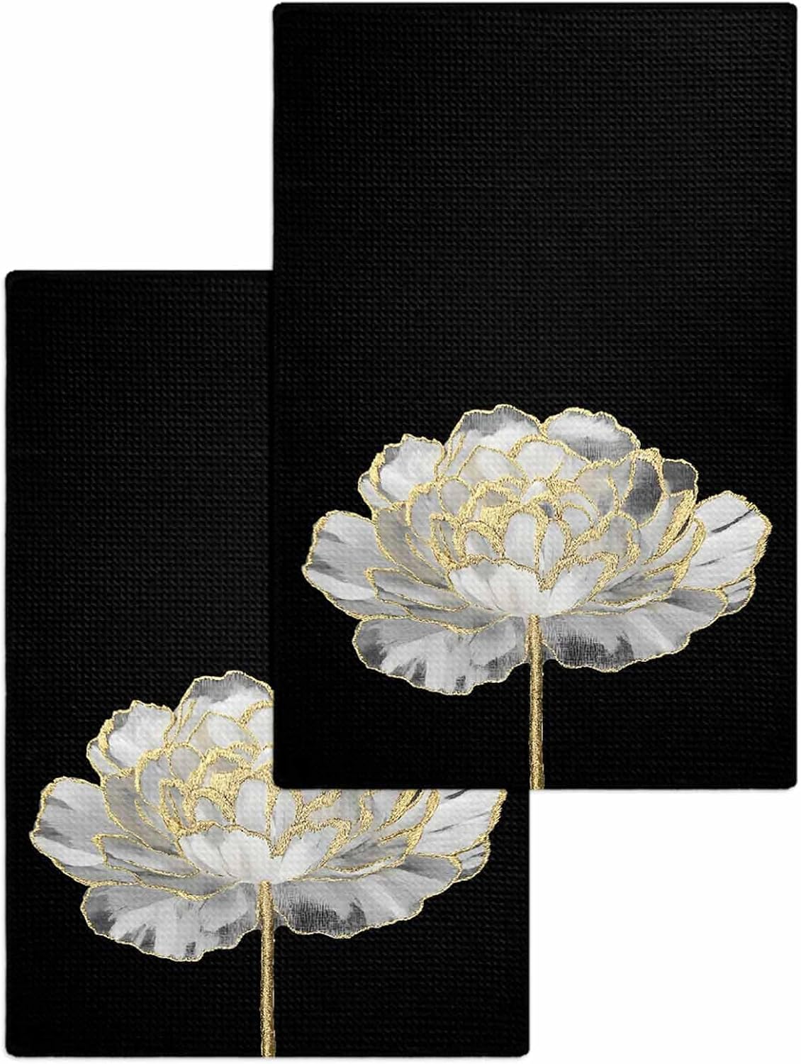 Kitchen Towels Set Black White Flower Waffle Weave Dish Towels 2 Pack Abstract Floral Gold Absorbent Quick Drying Hand Tea Towels for Kitchen Bathroom Cleaning Dish Cloths Gift 16x24 Inch