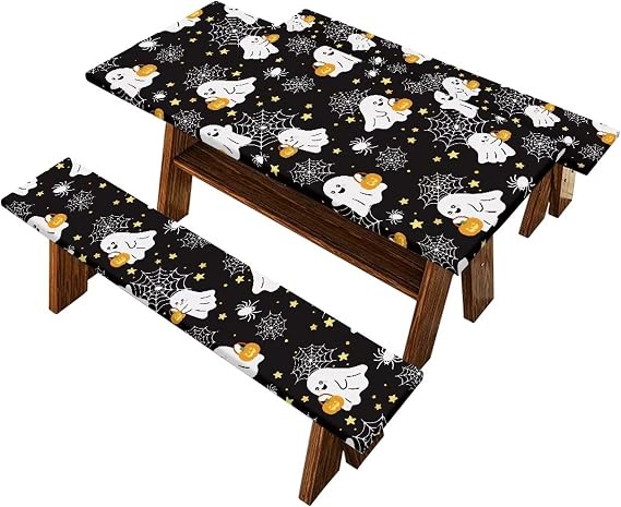 Ghost Table Cover with Bench Covers Washable Rectangle Table Cover Outdoor Patio Camping Essentials Halloween Picnic Table and Chair Decorative Cover