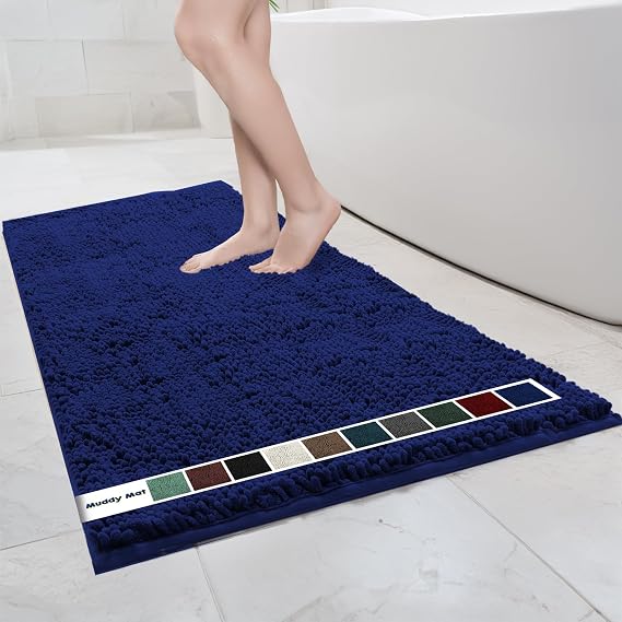 Muddy Mat | Chenille Bathroom Rugs Quick Dry Microfiber Mats Non Slip Washable, Extra Thick, Soft and Highly Absorbent Bath Mats for Bathroom, Kitchen, and Shower Floor - Navy Blue 35"x59"