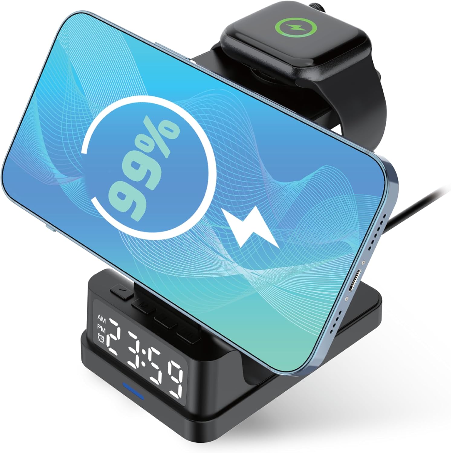Groov-e Asteria Wireless Charging Station - 4-in-1 Wireless Phone Charger with Alarm Clock, Fast Wireless Charging for Smartphones, Android, iPhone, AirPods, Apple Watch, Wireless Earbuds