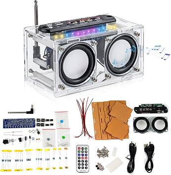 Diymore DIY Bluetooth Speaker Kit - Radio Soldering Practice Kit with Acrylic Case,Dual Speakers&Remote Control,for TF/AUX/Bluetooth/USB Support,Remote Control Soldering Project for Indoor/Outdoor