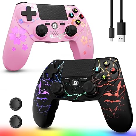Wireless Controller for PS4 2-Pack with RGB LED Modes, Gaming Remote for PS4 with1000mAh Battery/Dual Shock/6-Axis Gyro/3.5mm Audio Jack/Speaker, Gaming Controller for Playstation 4/PS3(Pink+Black)
