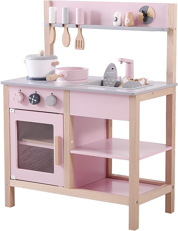Pretend Play Kitchen, Wooden, Birthday, Kitchen, Cookware Included, Food, Educational Toy, Stove, Mini Kitchen, Toy Kitchen Pink