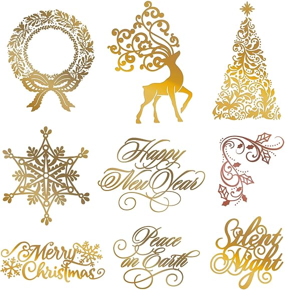 9PCS Christmas Hot Foil Plate,Christmas Elks,Snowflakes,Christmas Tree,Happy New Year,Peace on Earth,Silent Light,Christmas Wreath Leave Metal Foil Plate for Card Making DIY Scrapbooking Xmas