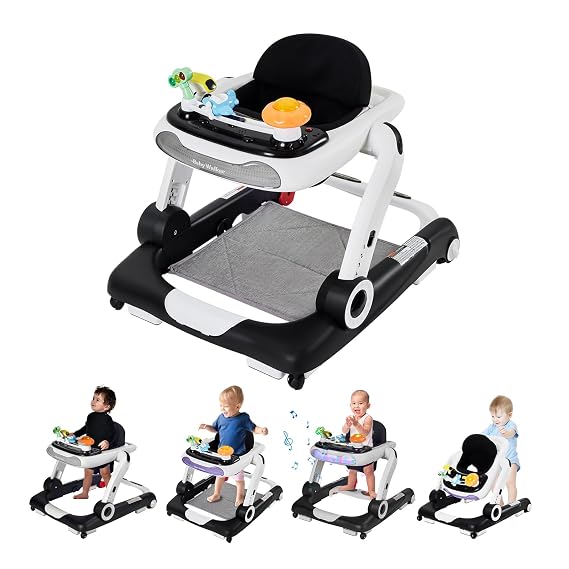 5-in-1 Baby Walker with Wheels, Baby Walkers for Boys Girls 6-18 Months, Foldable Adjustable Walker with Bouncer, Feeding Tray, Music & Detachable Footrest(Black)