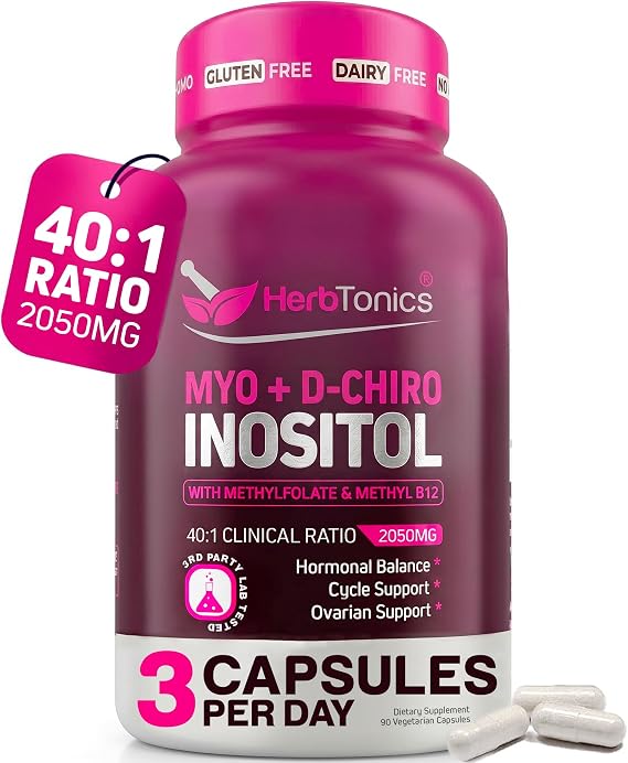 Herbtonics Myo-Inositol & D-Chiro Inositol 40:1 Inositol Supplement for Women with Methylfolate, Methyl B12, Vitamin D3 & Chromium | Hormonal Balance & Cycle Support, 1 Month Supply