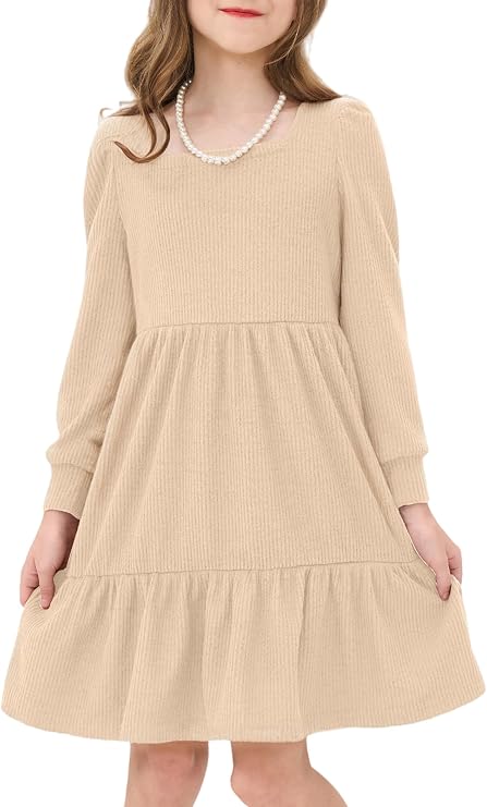 JiAmy Girls' Square Neck Long Sleeve Knit Sweater Dress with Pockets