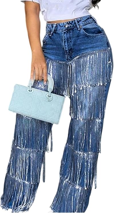 LETSVDO Women's High Waisted Sequin Fringe Jeans Baggy Wide Leg Glitter Sparkly Tassels Denim Pants Trousers