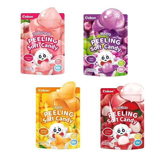 COKOC Peelable Gummies Variety Pack 4 Fruit Flavors(Mango,Grape,Peach,Lychee) Fruit Candy Treats, 10.58oz(300g),Individually Wrapped