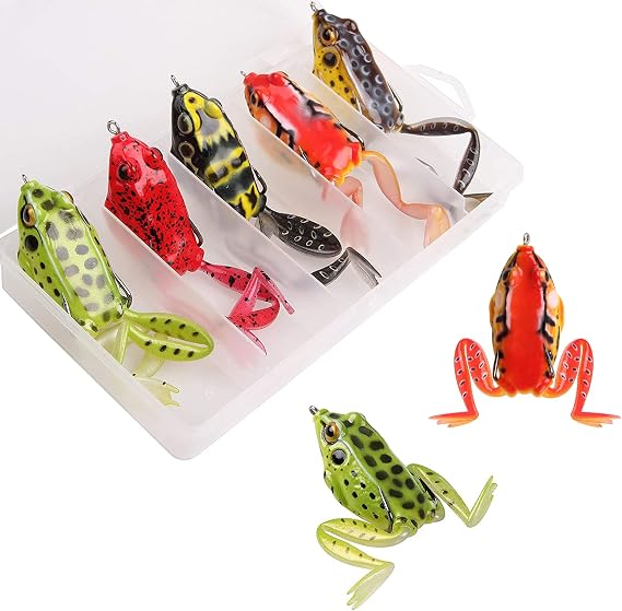 Topwater Frog Lures, 5pcs Soft Frog Fishing Lures Kit Bass Fishing Artificial Baits Soft Hollow Body Weedless Hooks for Trout Pike Freshwater Saltwater