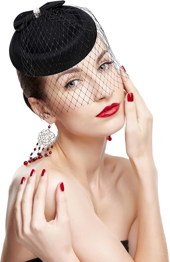 Fumwase 20s 50s Fascinators Hats Pillbox Mesh Net Veil Party Hat Vintage Mini Tea Party Headwear with Veil for Women Ladies