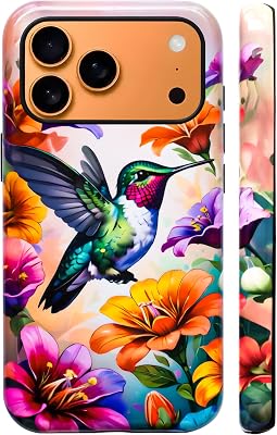 Dual-Layer Case for iPhone 17 Pro Max,Green Hummingbird in Flowers Shockproof Hybrid Hard Shell  Silicone Cover Protective Phone Case for iPhone 17 Pro Max