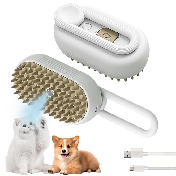 3-in-1 Cat Grooming Brush Water Spray & Self-Cleaning Shedding Brush for Cats & Dogs Pet Hair Removal & Massage Comb for Long & Short Hair (White)