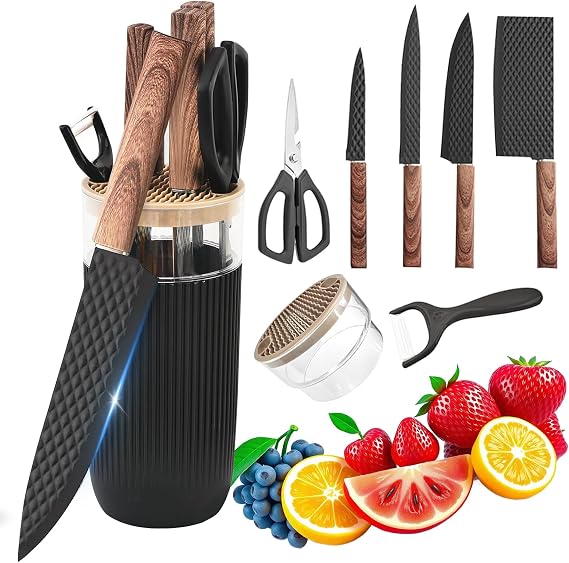 Kitchen Knife Set with Block, 7-Piece Kitchen Knife Set for Chef with Universal Knife Block, Anti-Rust Kitchen Knife Block Set, Ergonomic Design