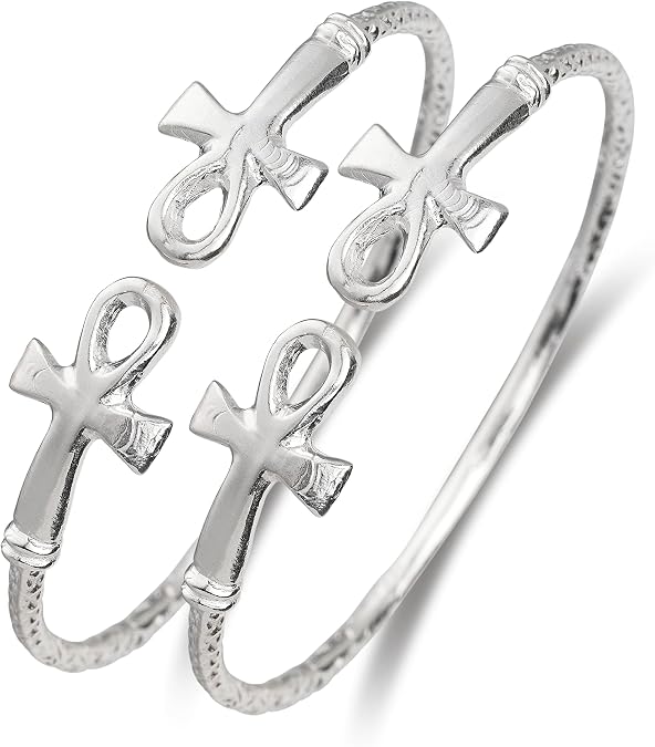 Better Jewelry Solid .925 West Indian Bangles with Ankh Cross Ends - Pair (Made in USA)