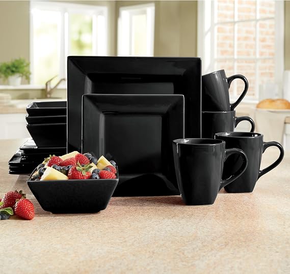 Montgomery Ward 16-Piece Modern Square Dinnerware Stoneware - Black