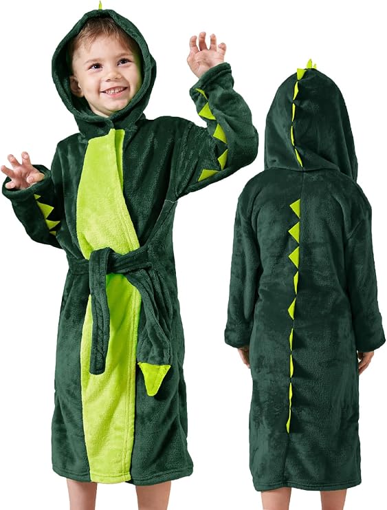 LOLANTA Kids Robe Boys Girl Dinosaur Plush Fleece Hooded Bathrobe 4-10Years