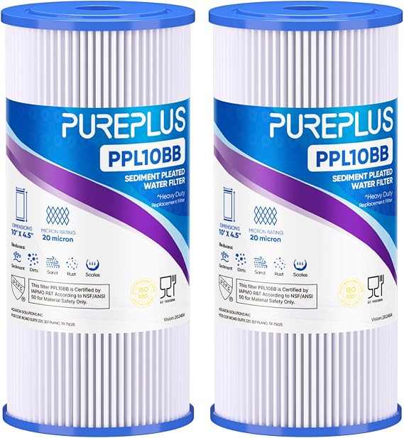 PUREPLUS 20 Micron 10" x 4.5" Whole House Pleated Sediment Filter,2 Pack