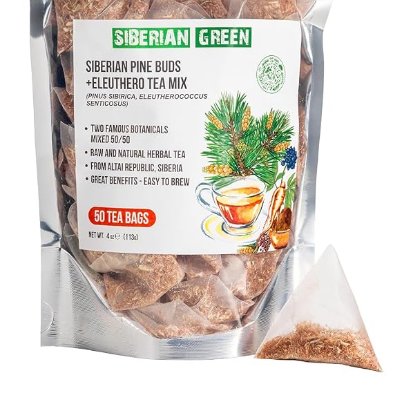 Siberian Green Ginseng Root Tea with Siberian Pine Tree Buds 50-Pack Herbal Tea Bags Pure and Natural Botanical Pine Eleuthero Ingredients From Altai Republic