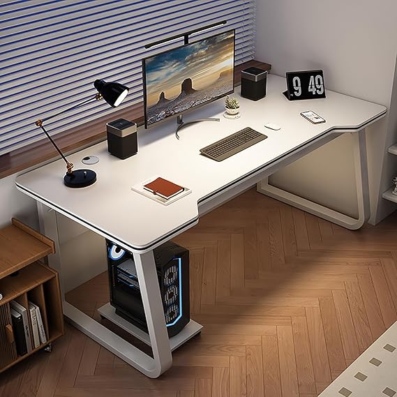 Modern Simple Computer Desk,Office Computer Table Workstation,PC Laptop Desk Learning Desk,Metal Sturdy Frame Easy to Assemble(140cm, White)
