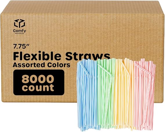 Comfy Package [Case of 8,000] 7.75"High Flexible Plastic Straws, Disposable Drinking Straws - Striped Assorted Colors
