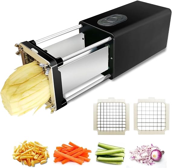 Electric French Fry Cutter, Stainless Steel French Fry Cutter with 1/2 & 3/8" Blade, Vegetable Cutter,Commercial Potato Slicer for Potatoes (Black)