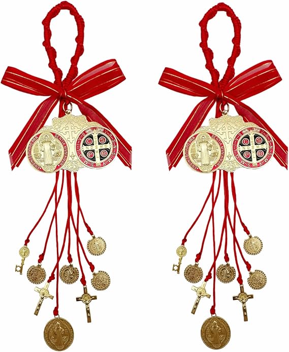 Escapularios Catolicos,2PCS Golden Saint Benedict Medal Protection Blessing Charm, St Benedict Crucifix, Catholic Handmade Jewelry Gift Car Hanging Home Decor (2PCS Red Medal)