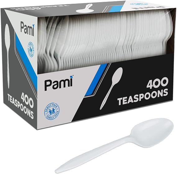 PAMI Medium Weight Disposable Plastic Teaspoons,White,Bulk Party Pack,400ct