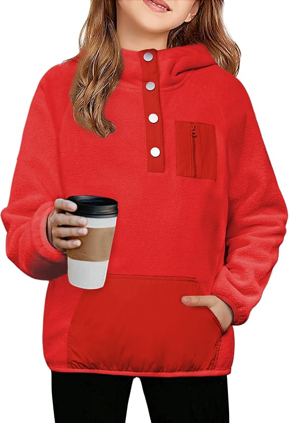 Arshiner Girls Fleece Pullover Hooded Sweatshirt Colorblock Sherpa Hoodie for Teen Girl Winter Button Jacket Coat with Pocket