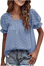 Summer Women Puff Sleeve Tops Chiffon Short Sleeve Pom Pom Shirts Sexy Sweet Square Neck Loose Pleated T-Shirt Blouses