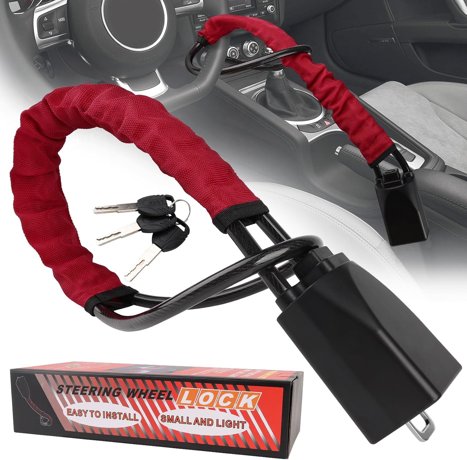 Steering Wheel Lock, Car Security Steering Locks, Seat Belt Car Lock Double Anti-Theft Device with 3 Keys, Easy to Lock or Unlock, Universal Fit Car Van Trucks SUV Red