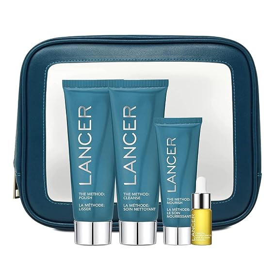 Lancer Skincare | The Method Intro Kit | 3 Step Skincare Set | Face Scrub, Facial Cleanser, Moisturizer and Omega Oil | Anti Aging Formula for Normal or Combination Skin | Dermatologist Developed