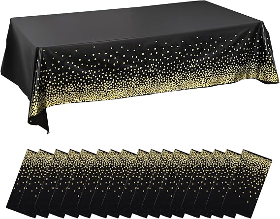 SHUESS 15 Pack Black and Gold Disposable Tablecloths - Gold Dot Confetti Rectangular Black Table Cloth Party - 137 x 274 cm Plastic Table Cover for Indoor or Outdoor Parties, Picnic, Weddings
