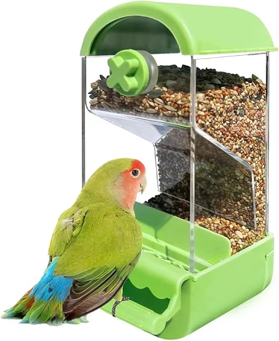 Automatic Bird Feeder,1PC No Mess Bird Feeder with Perch,Parrot Food Bowl Container Budgie Cage Accessories for Parakeets Canary Cockatiel Finch Lovebirds (Green)